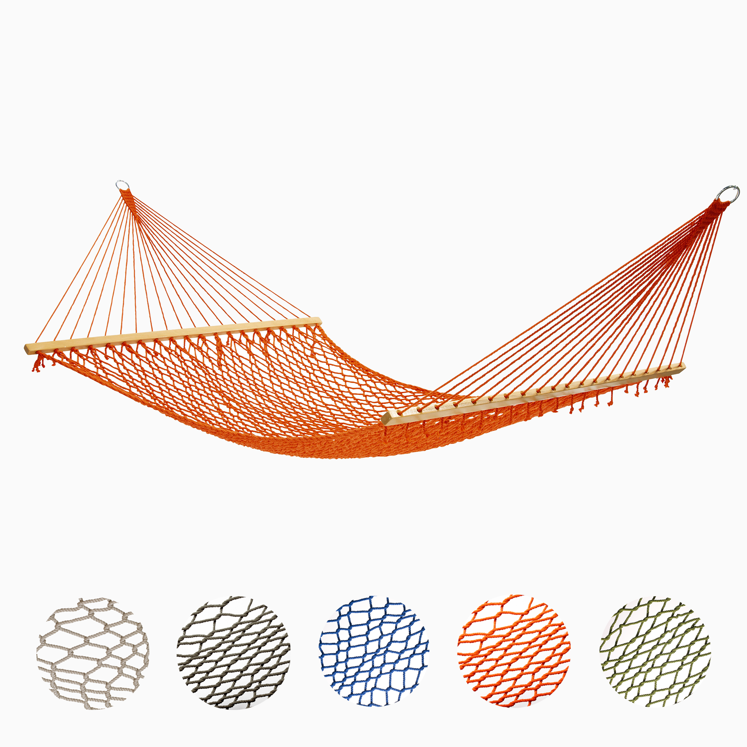 Full view of tangerine rope hammock above rope swatches in five colors